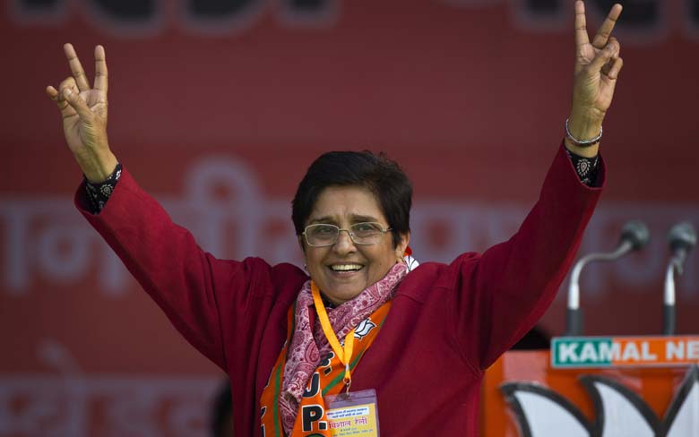 India's ruling Bharatiya Janata Party (BJP) chief ministerial candidate Kiran Bedi gestures during an election campaign rally ahead of Delhi state election in New Delhi, India, Wednesday, Feb. 4, 2015. (AP)