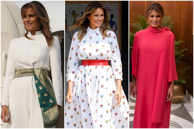 melania trump in india images, melania trump dress, melania trump fashion, melania trump dress images, melania trump india visit, delhi school, taj mahal, sabarmati ashram, motera stadium, namaste trump