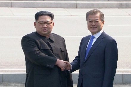 North Korean leader Kim Jong Un shakes hands with South Korean President Moon Jae-in as both of them arrive for the inter-Korean summit at the truce village of Panmunjom, in this still frame taken from video, South Korea April 27, 2018. North Korean leader Kim Jong Un shakes hands with South Korean President Moon Jae-in as both of them arrive for the inter-Korean summit at the truce village of Panmunjom, in this still frame taken from video, South Korea April 27, 2018.
