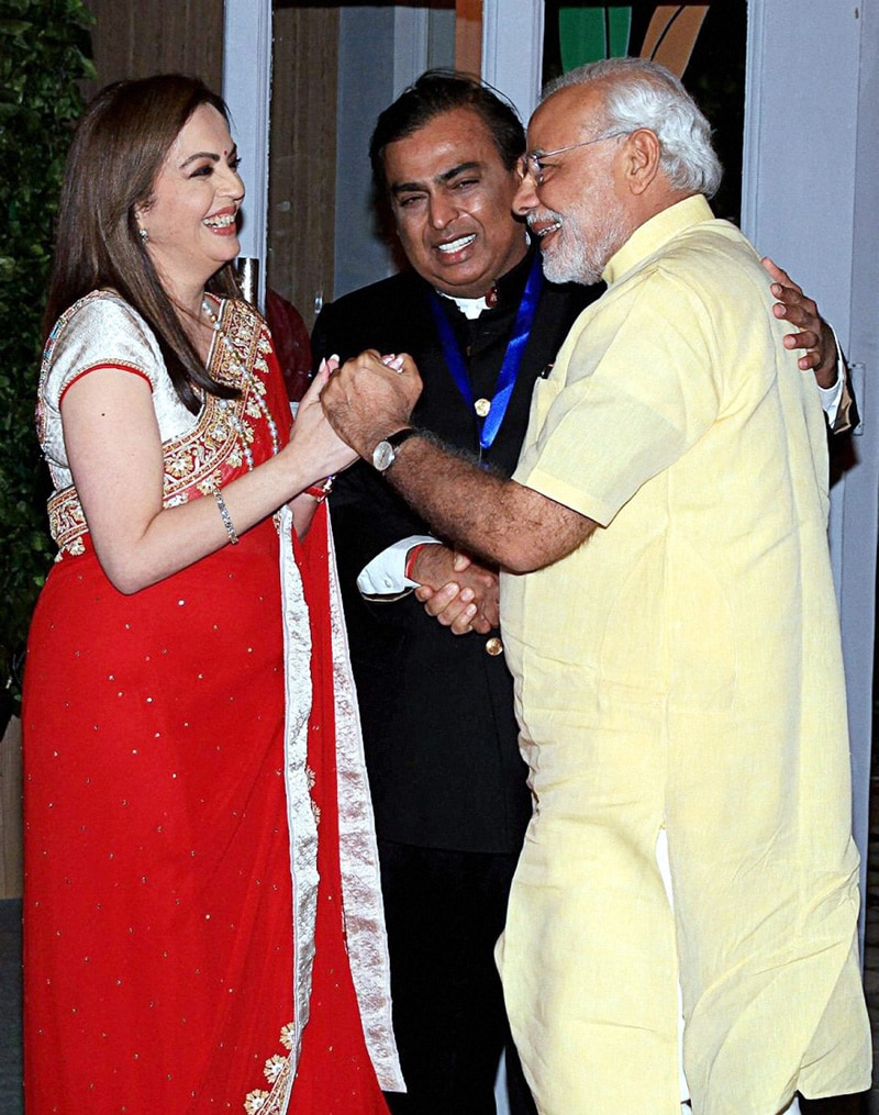 PM Narendra Modi is welcomed by Reliance Industries' Nita Ambani and Mukesh Ambani on his arrival for the re-dedication and inauguration of HN Reliance Foundation Hospital in Mumbai. PTI
