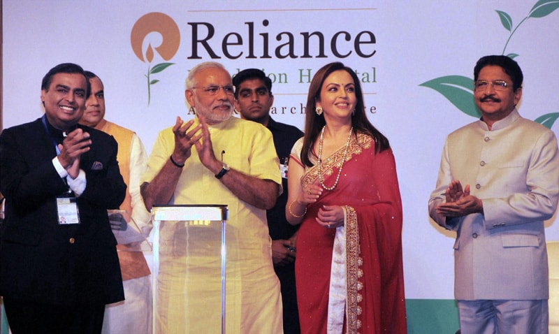 PM Narendra Modi is welcomed by Reliance Industries' Nita Ambani and Mukesh Ambani on his arrival for the re-dedication and inauguration of HN Reliance Foundation Hospital in Mumbai. PTI