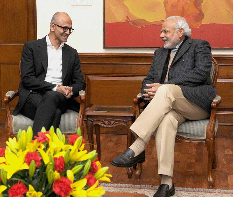 Prime Minister Narendra Modi with Microsoft CEO Satya Nadella in New Delhi. PTI/PIB