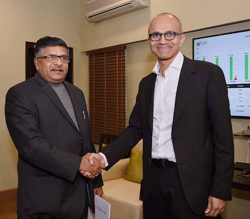 Union Minister for Communications and IT Ravi Shankar Prashad with Microsoft CEO Satya Nadella at a meeting in New Delhi. PTI