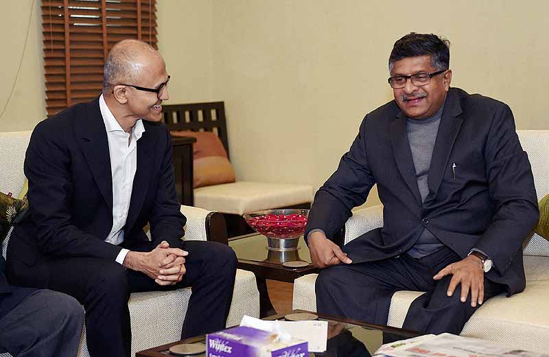 Union Minister for Communications and IT Ravi Shankar Prashad with Microsoft CEO Satya Nadella at a meeting. PTI