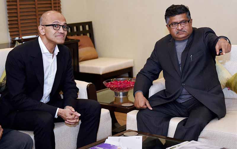 Union Minister for Communications and IT Ravi Shankar Prashad with Microsoft CEO Satya Nadella at a meeting in New Delhi. PTI