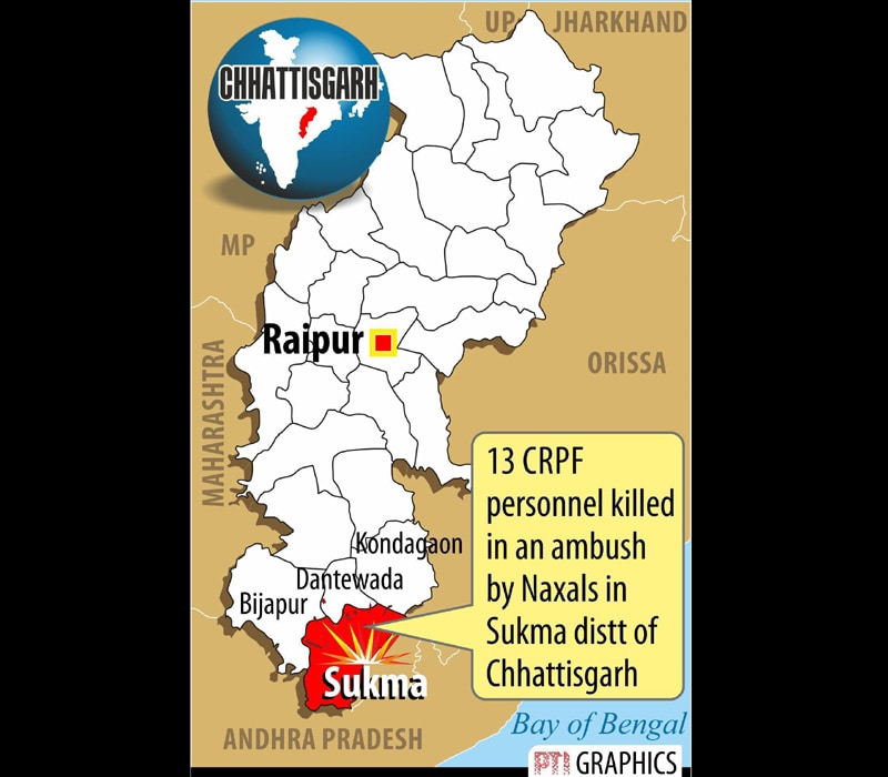 Sukma district of Chhattisgarh where 13 CRPF personnel where killed including 2 officers.
