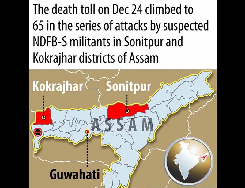 The toll rose to 78 today in attacks by NDFB(S) and retaliatory violence in lower Assam with Adivasis setting afire houses of Bodos as the backlash to the Tuesday massacre continued for the second day.