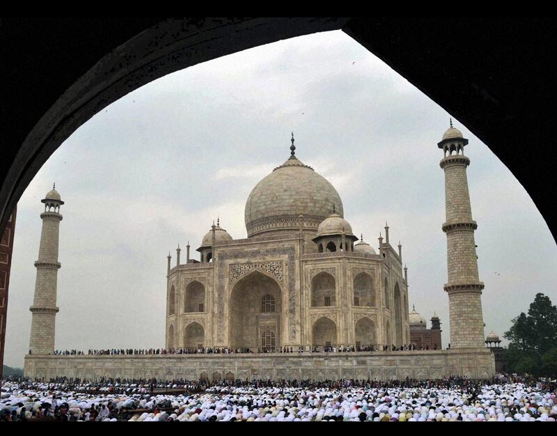 Muslims offering prayers on the occasion of Eid-ul-Fitr at Taj Mahal. (Reuters)