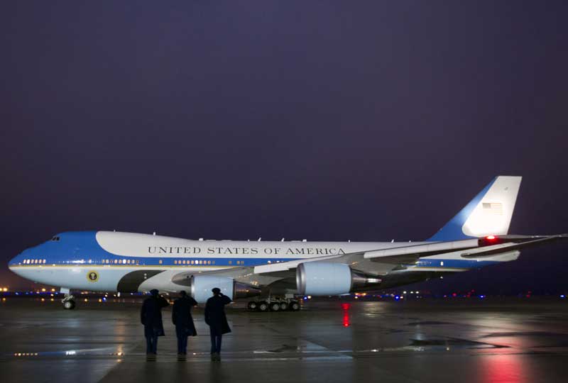 Air Force One with President Barack Obama and first lady Michelle Obama aboard prepares to depart from Andrews Air Force Base, Md., Saturday, Jan. 24, 2015, for a trip to New Delhi, India, by way of Ramstein Air Base, Germany. (AP)