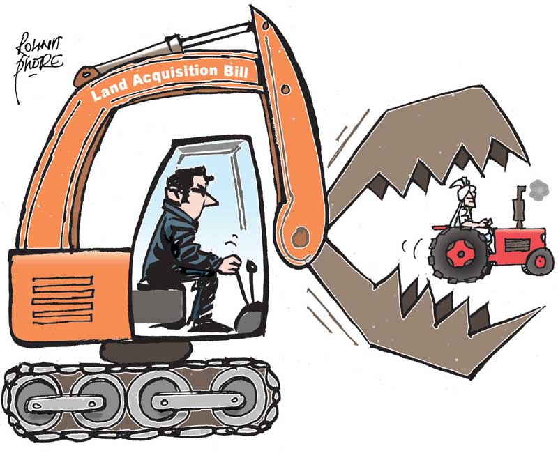 The government's moves to amend the Land Acquisition Act passed during UPA's tenure is being opposed by many parties and sections terming it anti-farmer. A cartoon by Rohnit Phore.
