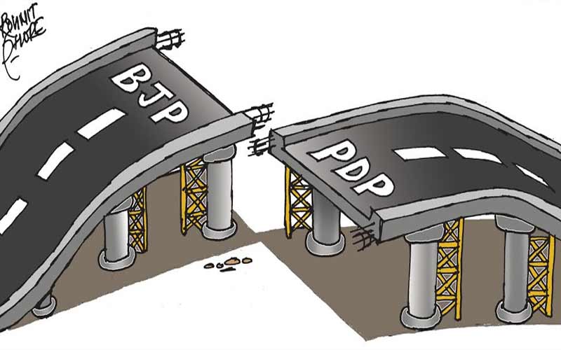 PDP and BJP talks for government formation in Jammu and Kashmir - A cartoon by Rohnit Phore.