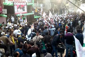 Arvind Kejriwal's Aam Aadmi Party (AAP) celebrates winning results in the Delhi Assembly elections against Bharatiya Janata Party (BJP). (Express photo by Tashi Tobgyal)