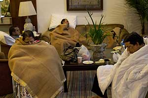 Hotel guests sleep at the lobby of Annapurna Hotel in Kathmandu, Nepal, Monday, April 27, 2015. A strong magnitude earthquake shook Nepal’s capital and the densely populated Kathmandu valley on Saturday devastating the region and leaving tens of thousands shell-shocked and sleeping in streets. (AP)