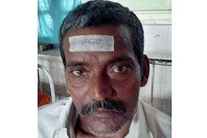 Earthquake in Bihar: An injured man is marked with a sticker ('bhukamp') pasted on his forehead at the district hospital in Darbhanga on Tuesday. PTI Earthquake in Bihar: An injured man is marked with a sticker ('bhukamp') pasted on his forehead at the district hospital in Darbhanga on Tuesday. PTI