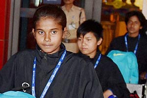  India's Under-14 girls football team members evacuated from earthquake hit Nepal, on their arrival at IGI airport T3 in New Delhi on Sunday. PTI