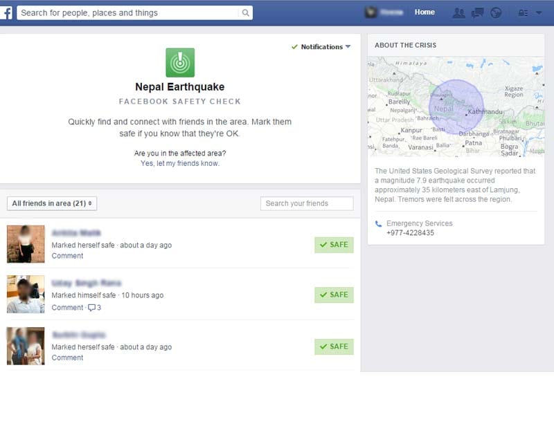 facebook safe mark earthquake