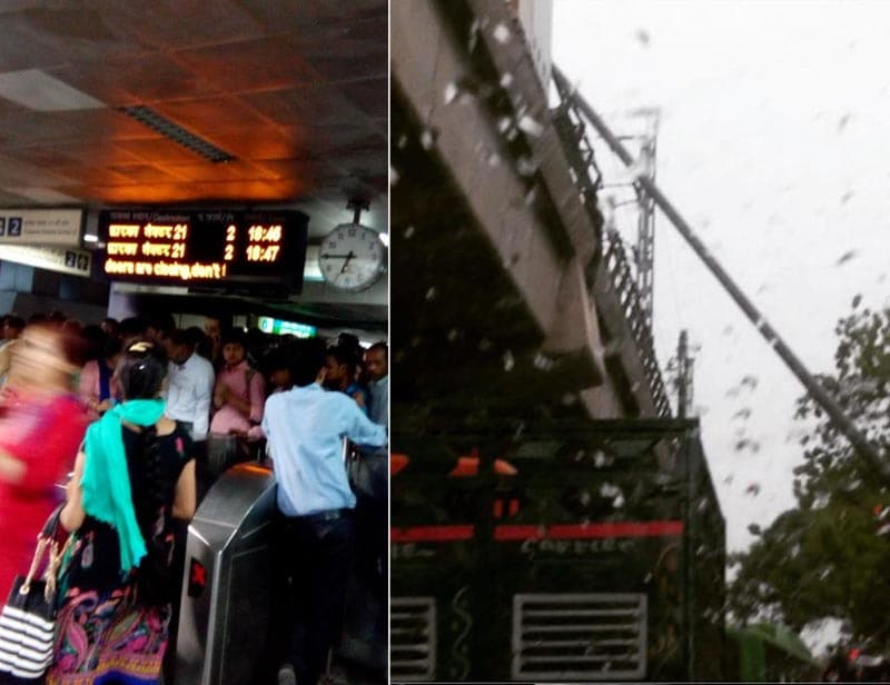 Delhi Metro services paralysed after pole falls on tracks:</br><br> Commuters travelling by metro on the Blue Line between Dwarka and Noida or Vaishali had to face tough time this evening when the services remained affected for nearly two hours after a streetlight pole from an adjacent flyover fell on the over head electrical wire near Janakpuri in West Delhi after a storm. Thousands of commuters were stranded on stations during the peak hours between 4:43 PM and 6:45 PM as authorities had to operate both the up and down metro from a single line between Janakpuri East and West stations. (Image: Twitter)