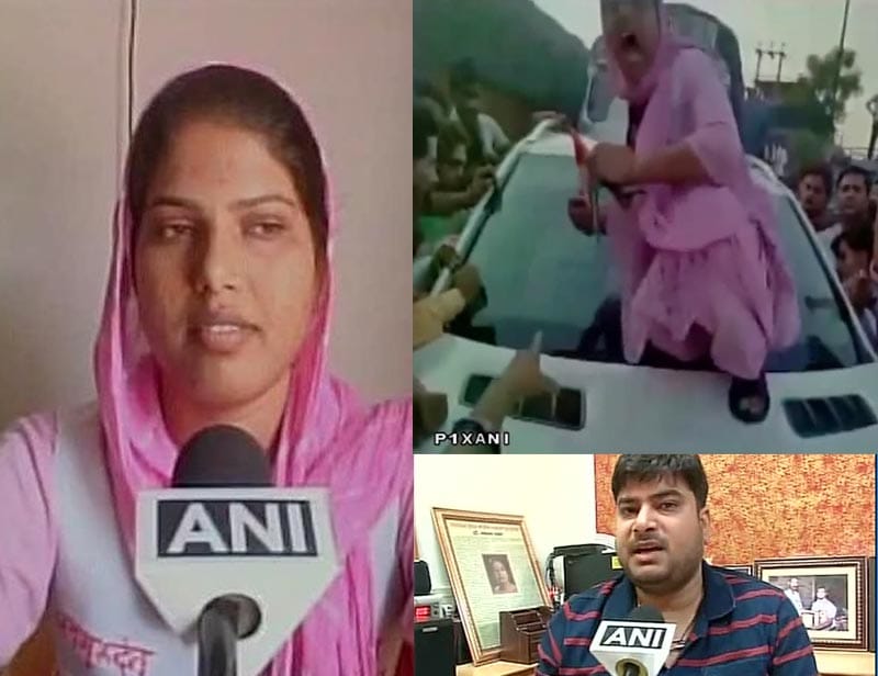 Woman smashes SP leader's Mercedes after being winked at: </br><br> A woman jumped atop a local Samajwadi Party leader's Mercedes, smashed the windshield and tore off the party flag on the bonnet after being allegedly winked at by his gunner. Social media was taken by storm by the two-minute video of the woman's act. 23-year-old Sadhvi Pandey along with her sister was going to see a doctor on a scooty. When they were waiting at a crossing, the cavalcade of Abhinav Sharma stopped alongside and the gunner allegedly winked. Pandey stopped the car. As she was taking a photo of the gunner with her mobile, some of the guards came out and allegedly broke her phone. This infuriated Pandey further and she climbed on the bonnet of the Mercedes and tore off the party flag fixed on the bonnet and used it to break the windshield. (In picture: Sadhvi Pandey (L), Abhinav Sharma (R) ; Image source: ANI Twitter)