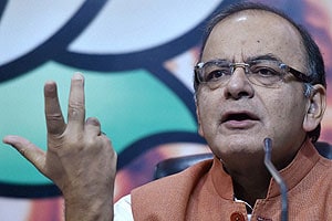 Finance Minister Arun Jaitley addressing the media on one year of Prime Minister Narendra Modi's government, at the Bharatiya Janata Party (BJP) headquarters in New Delhi on Saturday. PTI