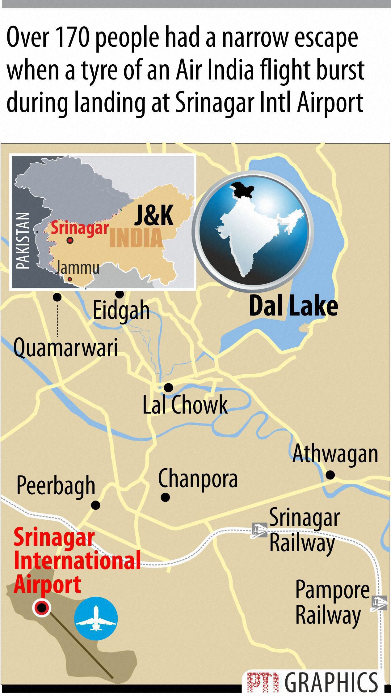Air India plane's tyre bursts while landing in Srinagar </br> Over 150 people on board an Air India plane had a miraculous escape today when it suffered a tyre burst while landing in Srinagar and it remained stuck on the runway halting all flight operations in which at least 17 flights of various airlines were cancelled. All passengers on the Airbus A320 plane from Delhi with a halt in Jammu were safe as the flight operations at Srinagar airport that were suspended causing hardships to hundreds of people are expected to resume tomorrow morning. The aircraft had 149 passengers and a seven-member crew on board. "Air India fight AI-821 suffered a tyre burst on landing at Srinagar today. The flight had 149 passengers on board. All passengers are safe," Air India said in a statement. The runway suffered some damage after the incident. The runway at Srinagar airport has been cleared for operations, airport sources said in the evening. (15/06/2015)