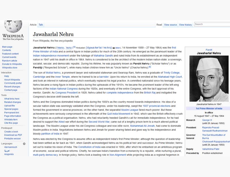 Jawaharlal Nehru Wikipedia page, BJP