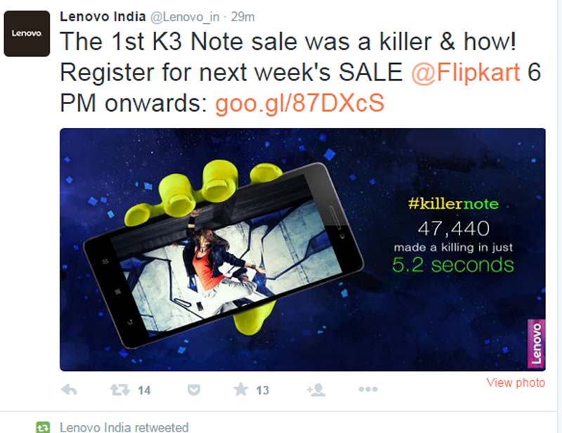 For those still interested in buying the Lenovo K3 Note smartphone can do so, but only after registering on the website for second round of sale starting next week. Till then, check out the top 7 features of Lenovo K3 Note: </br>(Image: Twitter)</br><br><strong>Read more:</strong> <a href="https://www.financialexpress.com/article/tech/lenovo-launches-k3-note-smartphone-priced-at-rs-9999/89947/"><strong>Lenovo launches K3 Note smartphone, priced at Rs 9,999</strong></a>