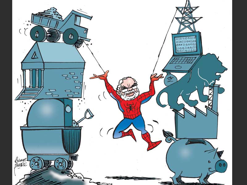 Narendra Modi is going all out to promote Make In India and other flagship programmes. A cartoon by Rohnit Phore.