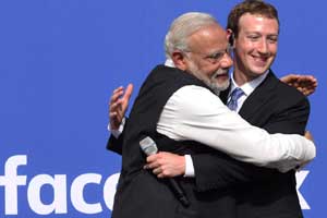 When Prime Minister Narendra Modi hugged CEO of Facebook, Mark Zuckerberg at Facebook headquarters in California. (PTI)