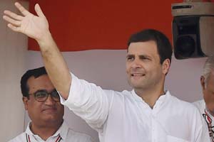 The Congress leader Rahul Gandhi, flanked by security personnel, marched amid chants of 'Congress Zindabaad', waving to his supporters who surrounded him. (PTI) The Congress leader Rahul Gandhi, flanked by security personnel, marched amid chants of 'Congress Zindabaad', waving to his supporters who surrounded him. (PTI)