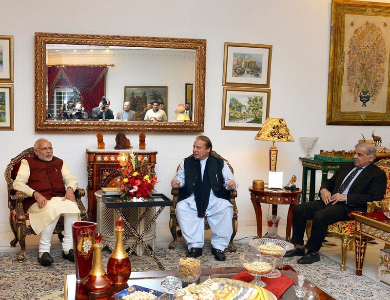 4. Narendra Modi Pakistan visit: Narendra Modi spent about 80 minutes during which PM greeted Nawaz Sharif's family members at the marriage function of grand-daughter Mehrun Nisa (who is daughter of Mariam Nawaz Sharif) at the latter's Raiwind home. (PTI photo)