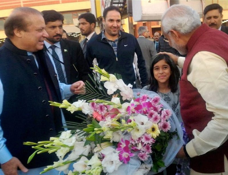3. Narendra Modi Pakistan visit: PM and Nawaz Sharif flew to Pakistan PM's palatial residence of Jati Umra Raiwind, which is some 20 km from the Lahore airport, in a chopper making it the first time that any two leaders of the two countries were travelling together.(PTI photo)
