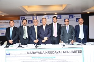 Narayana Hrudayalaya IPO plans: (From L-R)Indraneil Borkakoty (Jefferies India private Limited), Kesavan Venugopalan (Group CFO, Narayana Hrudayalaya Limited), Ashutosh Raghuvanshi (Managing Director & CEO, Narayana Hrudayalaya Limited), Dr Devi Shetty (Chairman, Narayana Hrudayalaya Limited), Viren Shetty (Executive Director Narayana Hrudayalaya Limited), Dr. Subramanian (Axis Capital Limited), Anish Damania (IDFC Securities Ltd.)