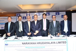 Narayana Hrudayalaya IPO plans: (From L-R)Indraneil Borkakoty (Jefferies India private Limited), Kesavan Venugopalan (Group CFO, Narayana Hrudayalaya Limited), Ashutosh Raghuvanshi (Managing Director & CEO, Narayana Hrudayalaya Limited), Dr Devi Shetty (Chairman, Narayana Hrudayalaya Limited), Viren Shetty (Executive Director Narayana Hrudayalaya Limited), Dr. Subramanian (Axis Capital Limited), Anish Damania (IDFC Securities Ltd.)