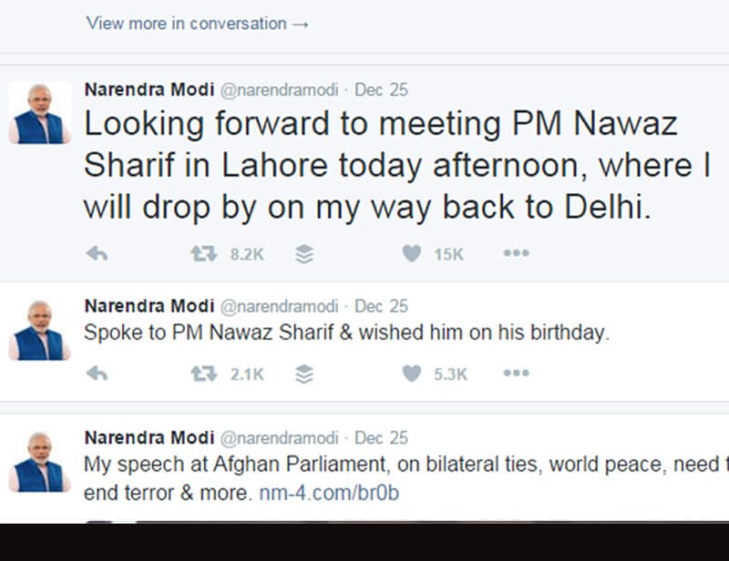 1. Narendra Modi Pakistan visit: PM announced in a tweet from Kabul, where he was on a visit, that he will 'drop by' in Lahore to greet Nawaz Sharif on his 66th birthday today. "Looking forward to meeting PM Nawaz Sharif in Lahore today afternoon, where I will drop by on my way back to Delhi," PM tweeted.