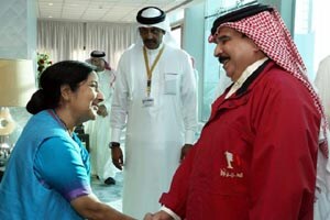 External Affairs Minister Sushma Swaraj shakes hands with King of Bahrain, Hamad Bin Isa Al Khalifa during a meeting in Bahrain on Saturday. (PTI)