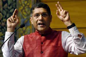 Subramanian questions the 'poor standards' of ratings agencies, slamming them for not considering India for a ratings upgrade. (PTI) Subramanian questions the 'poor standards' of ratings agencies, slamming them for not considering India for a ratings upgrade. (PTI)