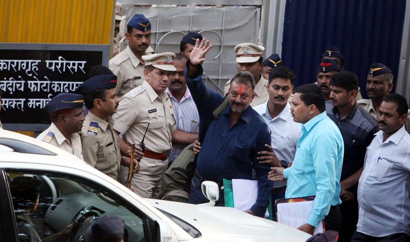 Before Sanjay Dutt's release this morning, a handful of protestors too had raised slogans in front of the prison protesting alleged the preferential treatment meted out to him by the authorities. Prison authorities and his lawyers, however, refuted the allegations saying that his remission of 144 days and his parole leave was in accordance with jail manual and prescribed rules. (Express Photo)