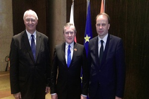 Polish Deputy PM, with the Polish Ambassador to India to his left and the Consul General of Poland in Mumbai to his right. (Express photo)