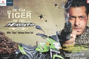 Salman Khan promotes Suzuki Hayate in 'Ek Tha Tiger'. Salman Khan promotes Suzuki Hayate in 'Ek Tha Tiger'.