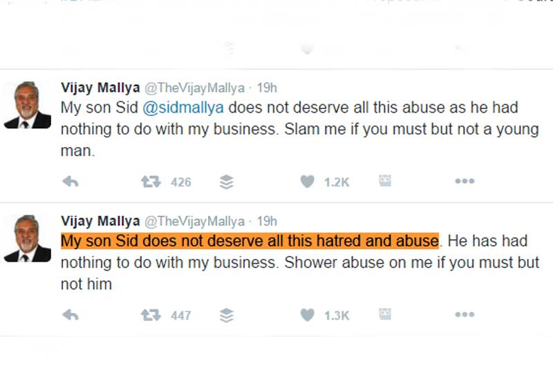 Vijay Mallya, Vijay Mallya twitter, Vijay Mallya row, Vijay Mallya wilful defaulter, Vijay Mallya debt, Vijay Mallya debt row, Vijay Mallya tweets, siddhartha mallya, Vijay Mallya son, Vijay Mallya son tweets