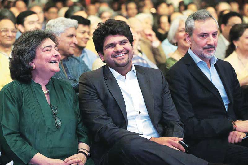(From left) Zia Mody, Managing Partner, AZB and Partners; poet and lyricist Javed Akhtar; Anant Goenka, Wholetime Director and Head of New Media, The Indian Express; Italian Ambassador Lorenzo Angeloni