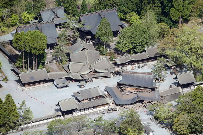 Romon gate (bottom R), designated as a nationally important cultural property, and other buildings damaged by an earthquake are seen at Aso Shrine in Aso, Kumamoto prefecture, southern Japan. (Reuters)
