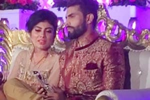 Cricketer Ravindra jadeja with his wife Rivaba during their wedding ceremony in Rajkot. (PTI)