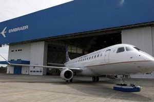 The E190-E2, which enters service in 2018, is the first aircraft in Embraer's commercial jet line-up with new wings and Pratt & Whitney engines aimed at improving fuel efficiency. (Reuters)