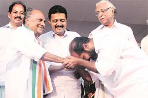 Antony says BJP a threat to secular life. With candidate A Akkara in Thrissur. Express photo