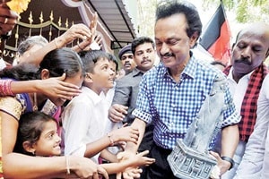 M K Stalin during a road show in Chennai last week. (Source: PTI) 