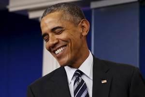Barack Obama, 54, began with cracking jokes on Clinton, apparently referring to her highly-paid speeches to Goldman Sachs. (Reuters) Barack Obama, 54, began with cracking jokes on Clinton, apparently referring to her highly-paid speeches to Goldman Sachs. (Reuters)