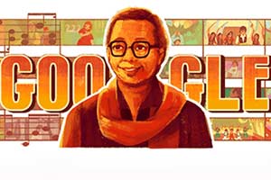 Today's Google Doodle has R D Burman right in the centre, with a scarf wrapped around his neck. In the background is a piano's grand staff. 