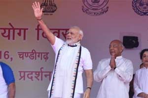 Prime Minister Narendra Modi participated in a mass yoga demonstration at the Capitol Complex in Chandigarh. (Twitter)