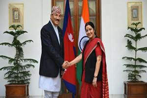 External Affairs Minister Sushma welcomed Nepalese Deputy Prime Minister and Foreign Minister Kamal Thapa on his fifth visit to India. (MEA photo) External Affairs Minister Sushma welcomed Nepalese Deputy Prime Minister and Foreign Minister Kamal Thapa on his fifth visit to India. (MEA photo)